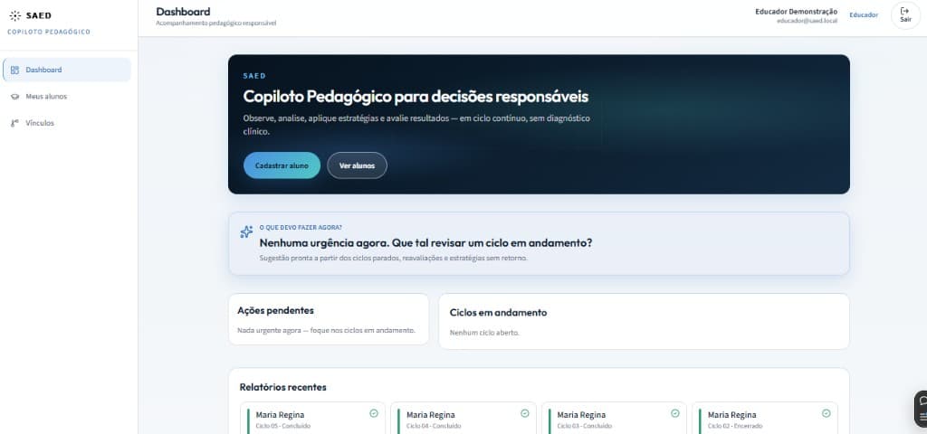 Dashboard do SAED com acompanhamento pedagógico, ciclos e relatórios